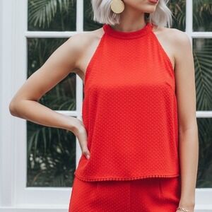 W5 Anthropology Women's Red Small Textured Mock Neck Sleeveless Pom Pom Top Date